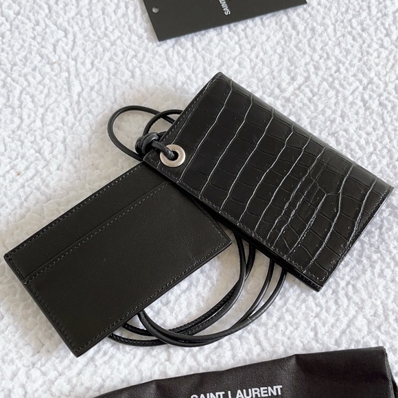 Authentic Saint Laurent Croc Embossed Flip Card Case with Lanyard - Picture 6 of 16